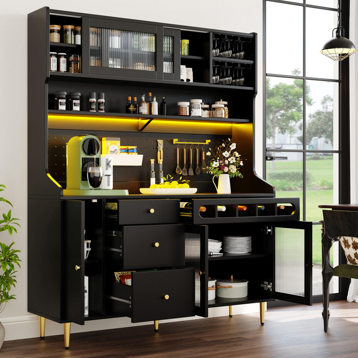 KÜCHENSCHRANK 145x39x171 cm, LED-Beleuchtung, Schiebetüren, Weinregal, Schwarz - Schwarz, Holzwerkstoff (145/171/39cm) - FOHERE