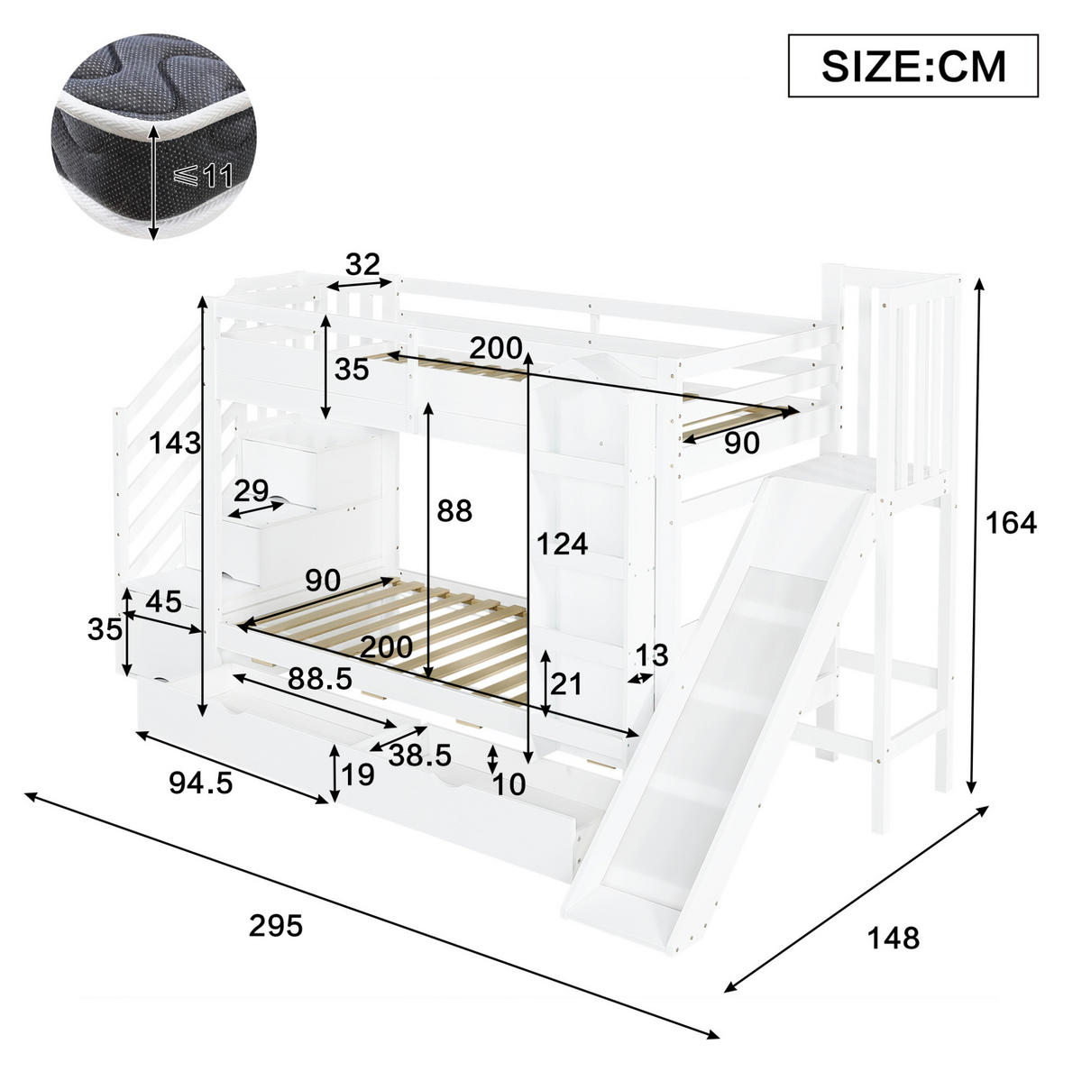 POSCHODOVÁ posteľ 90/200 cm biela so šmykľavkou, schodmi s úložným priestorom a zásuvkami z borovice a MDF - biela, drevo (90/200cm) - OKWISH