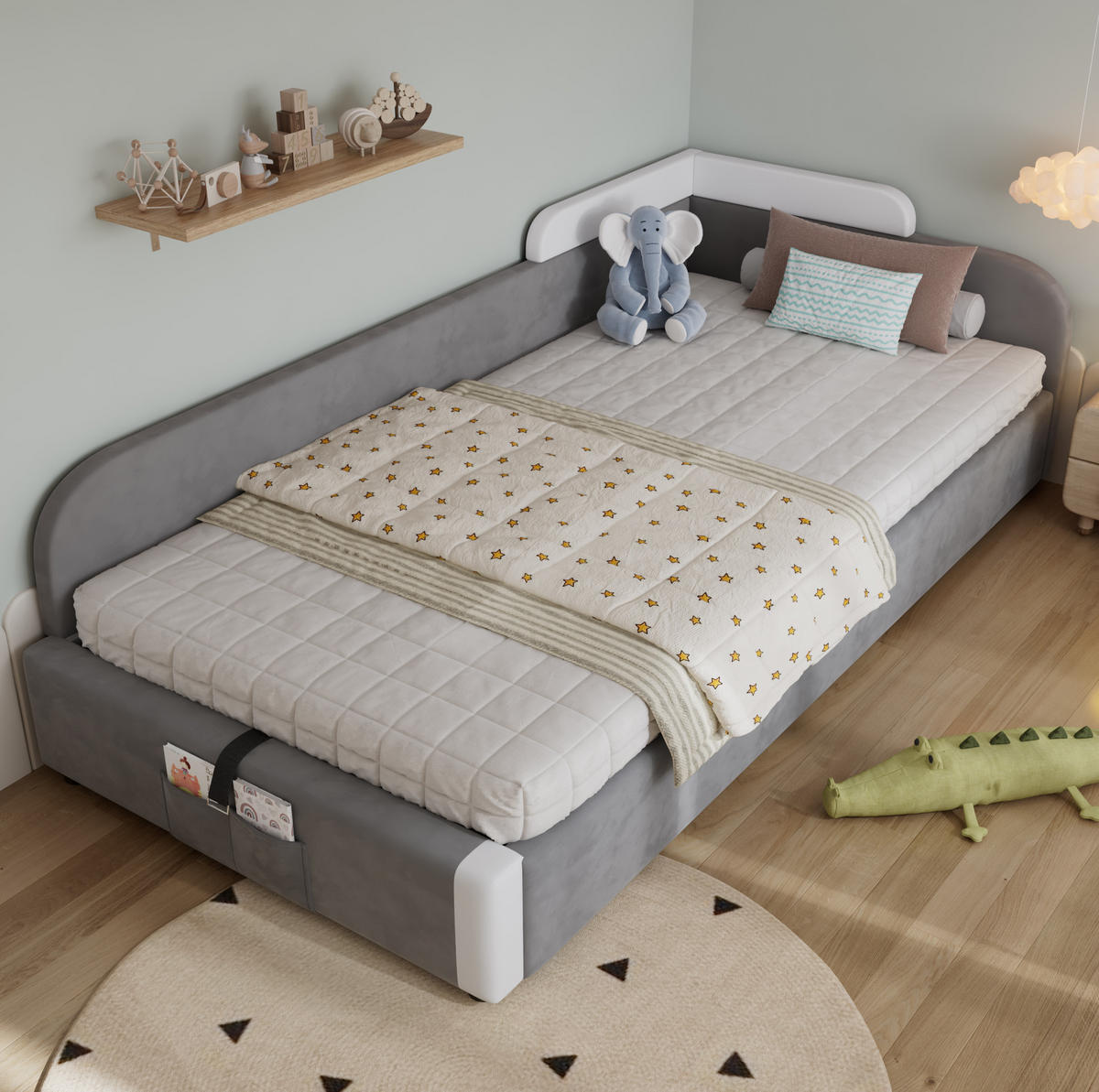 KINDER-POLSTERBETT aus Samt 90x200 cm Grau mit hydraulischem Stauraum - Grau, Textil (90/200cm) - IVMEU