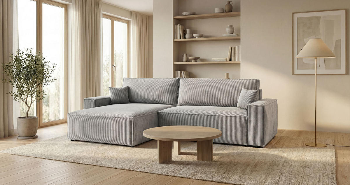 ROHOVÁ pohovka VIENNA levá šedá manšestr Poso 55 - funkce spaní, úložný prostor - šedá, textil (285/185cm) - Cornero
