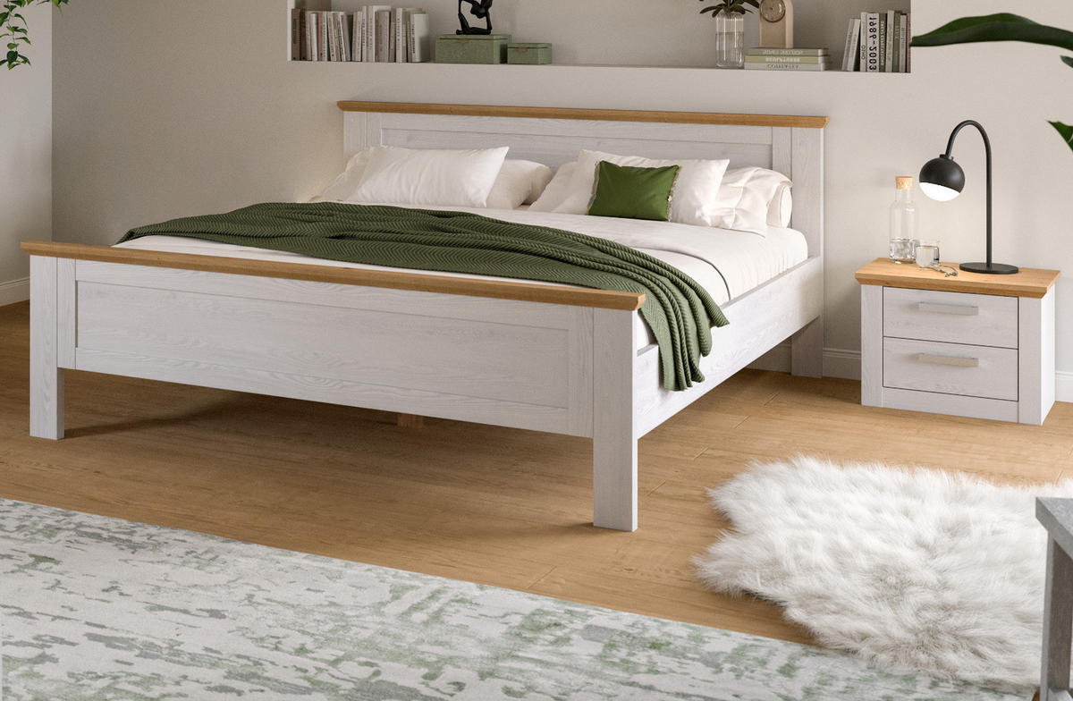 SCHLAFZIMMER weiß Lärche, Eiche Artisan Landhaus Set mit Bett 180 x 200 cm und Nachttisch - Eichefarben/Silberfarben, Holzwerkstoff/Kunststoff (180/200cm) - Inn.Furn