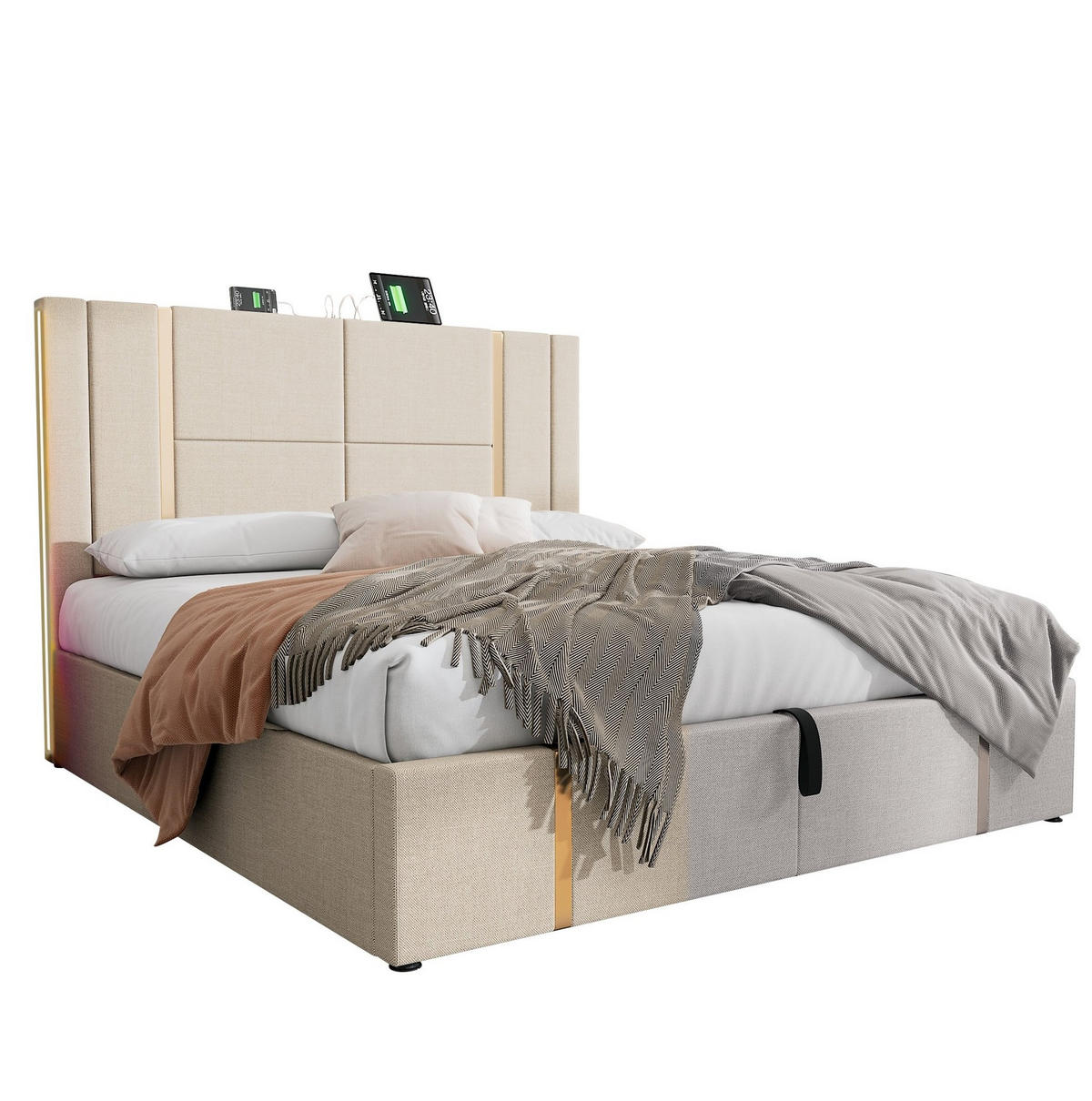 POLSTERBETT 140/200 cm Beige mit USB- und Type-C-Anschlüssen LED-Beleuchtung und Stauraum - Beige, Textil (140/200cm) - OKWISH
