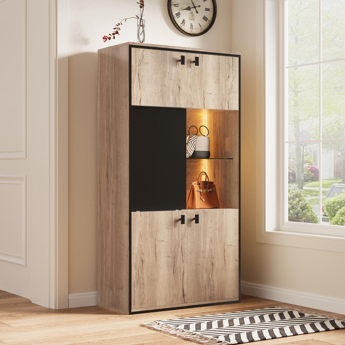 HIGHBOARD aus Holzwerkstoff 77,8/36/150 cm mit LED-Beleuchtung, Schiebetür und 3-Zonen-Stauraum, Naturfarben - Naturfarben, Holzwerkstoff (77.8/150/36cm) - Redom