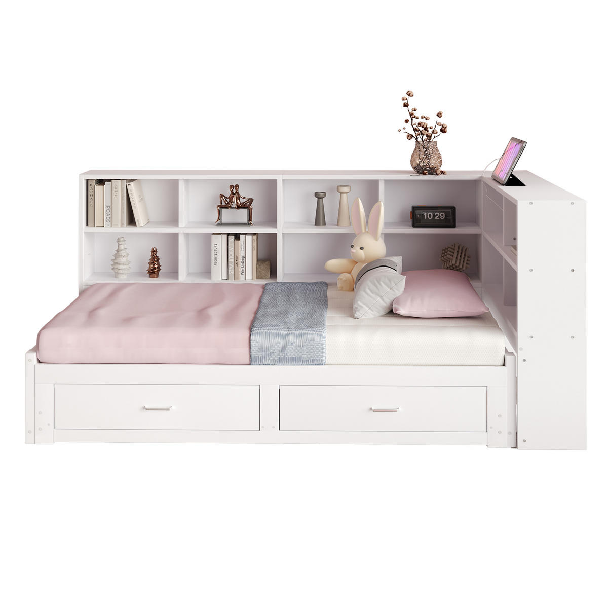 MULTIFUNKTIONSBETT 90/190 cm weiß aus Holz mit Ausziehbett Stauraum Steckdose - Weiß, Holzwerkstoff (90/190cm) - OKWISH