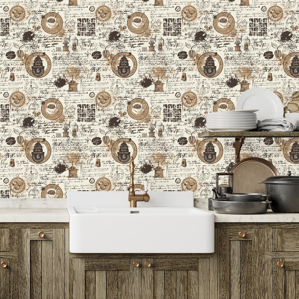 VLIESTAPETE Kaffee und Tassen im Retro-Stil – Braun, Beige – 50x1000 cm - Beige/Braun, Papier (50/1000cm) - Muralo
