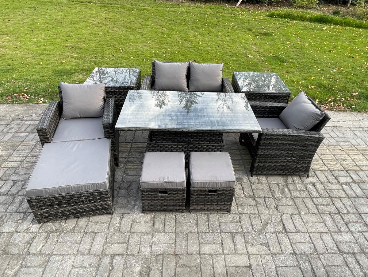 GARTENSOFA mit hoher Rückenlehne Polyrattan Dunkelgrau 7-Sitzer - Dunkelgrau, Metall - Fimous