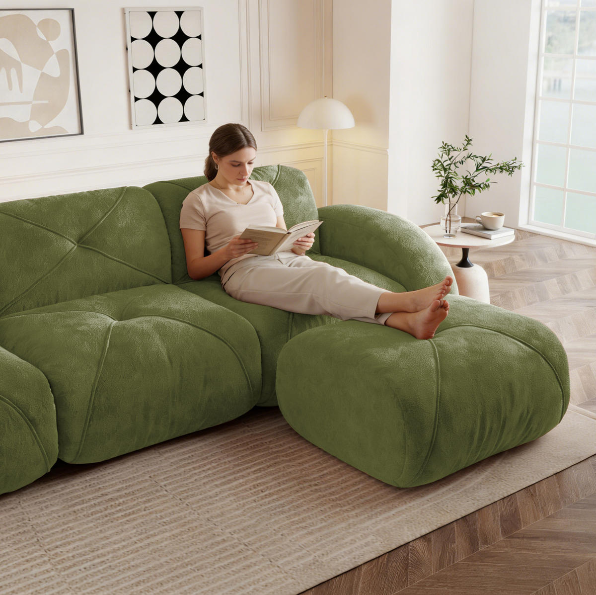 MODULSOFA U-Form 3-Sitzer Chenille Grün inkl. 2 Hocker - Grün, Kunststoff (171/76/281.1cm) - Meubliv