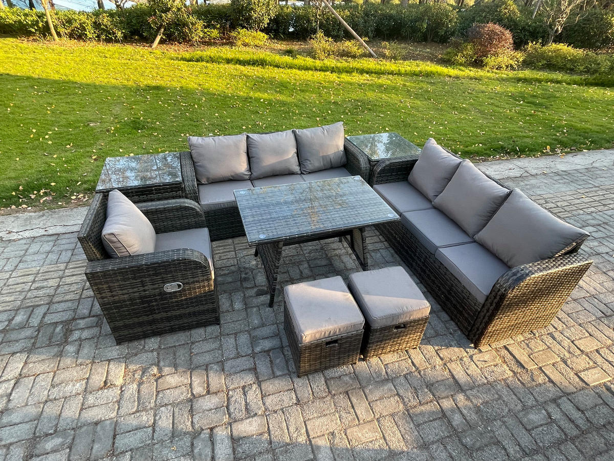 GARTENSET Hohe Rückenlehne Polyrattan 9-Sitzer - Dunkelgrau/Grau, Glas/Kunststoff - Fimous
