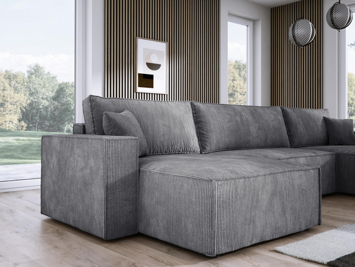 ECKSOFA Poso XXL U-förm, Schlaffunktion, weiche Kissen, Bettkasten, hochwertige Polsterung, lose Rückenkissen, freistehend, 377x143x83 cm Grey - Dunkelgrau, Holz/Textil (377/83/143cm) - DomoHome