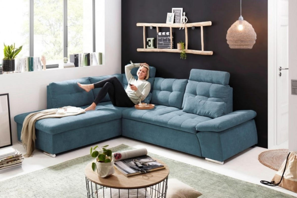 ECKSOFA mit Schlaffunktion, Bettkasten und verstellbarer Armlehne - Chromfarben/Blau, Textil (260/219cm) - ed exciting design