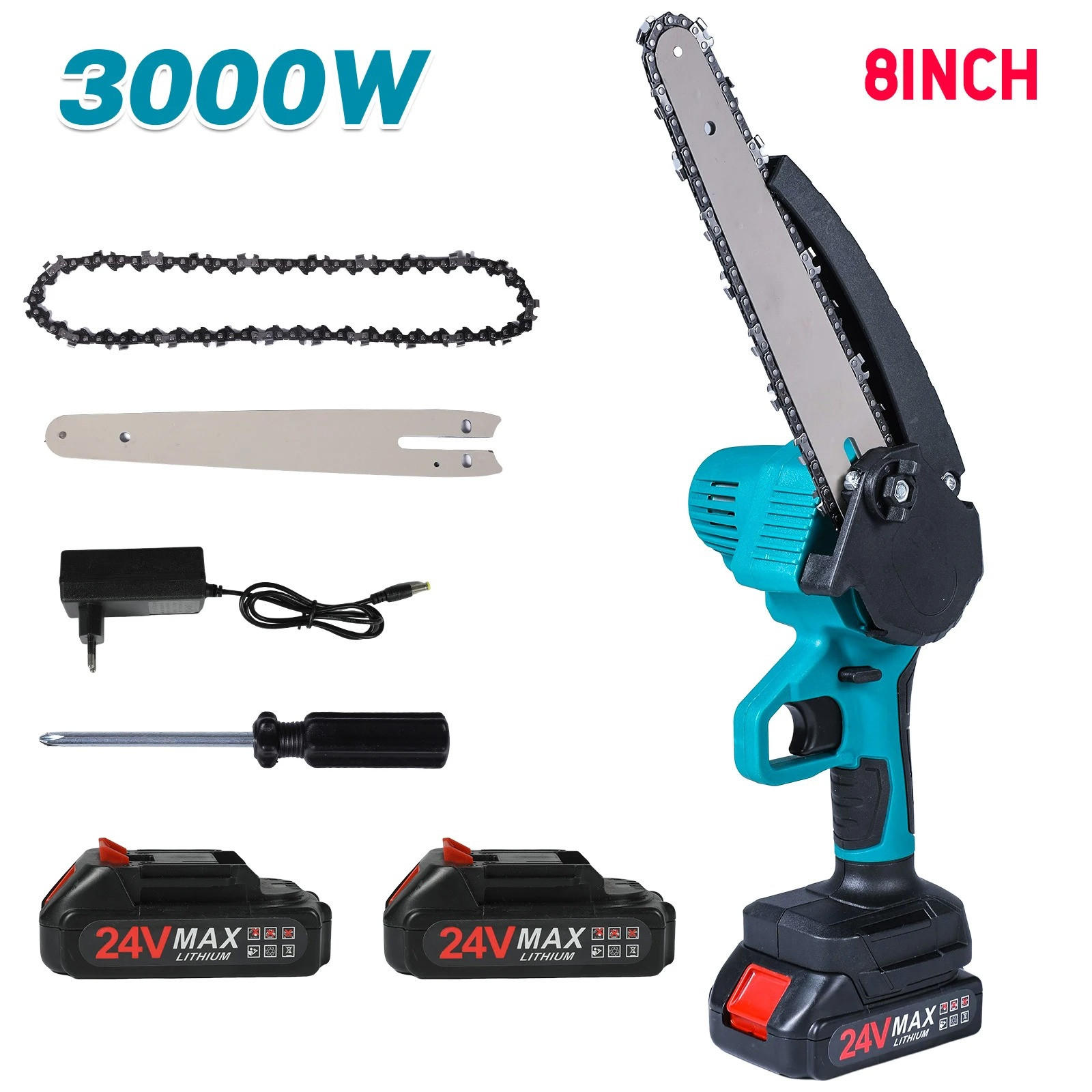 KETTENSÄGE Mini 8 Zoll Blau mit 2 × 24 V Akku automatischem Öler - Blau, Metall (15/7/40cm) - Coonoor