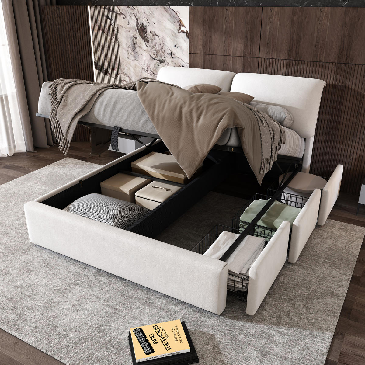 POLSTERBETT aus Samt 140x200 cm in Beige mit Bettkasten & 3 Schubladen - Beige, Textil (140/200cm) - Modfu