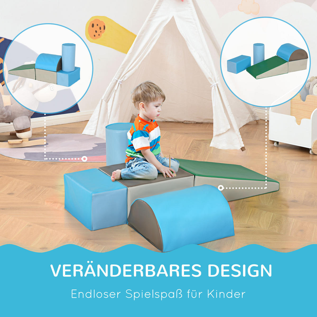 BAUSTEINSET 5er-Set Schaumstoff Bausteine Bauspielzeug für 1-3 Jahre alt Kinder - Blau, Kunststoff (40.6/20.3/40.6cm) - HOMCOM