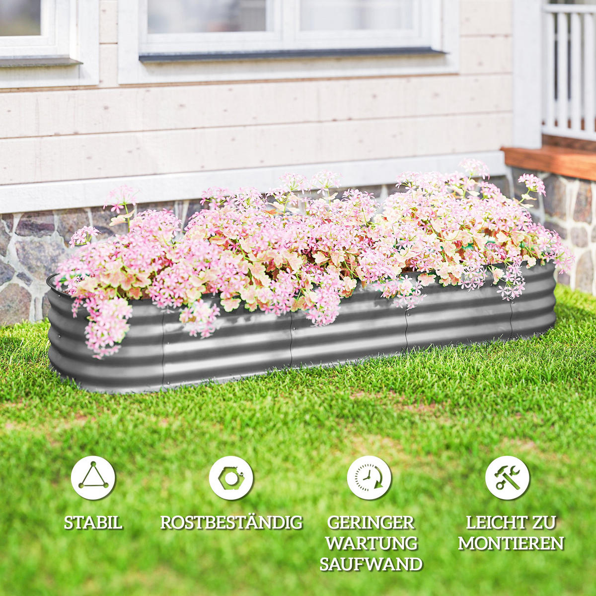 PFLANZENBEET, Kräuterbeet für Garten, Balkon, Silber, 195 x 62 x 30 cm - Silberfarben, Metall (62/30/195cm) - Outsunny