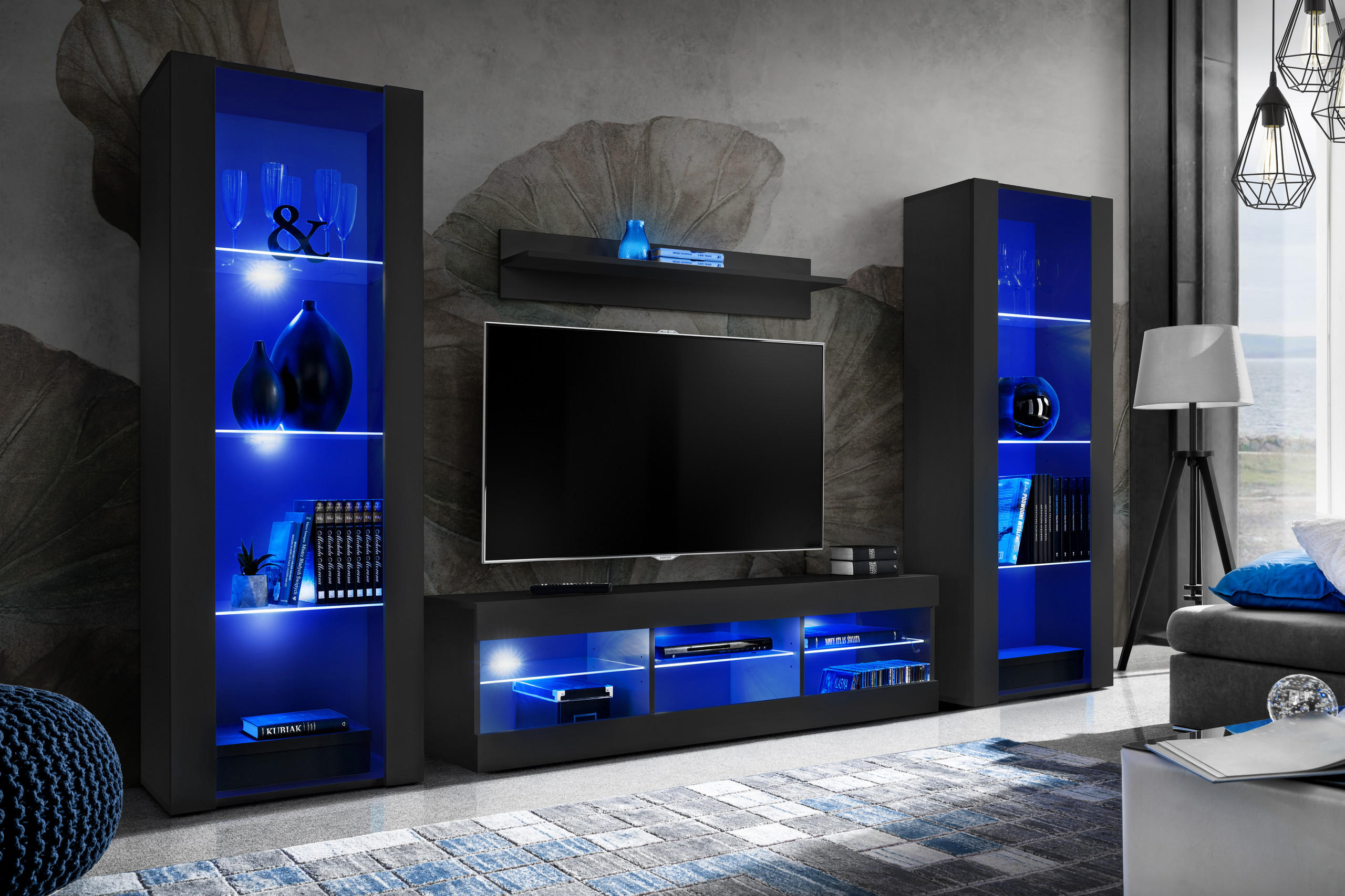WOHNZIMMERSET TIVOLI GRANDE, 4er-Set, Schwarz, LED Blau - Schwarz, Glas/Holzwerkstoff (250/159/35cm) - Komodee