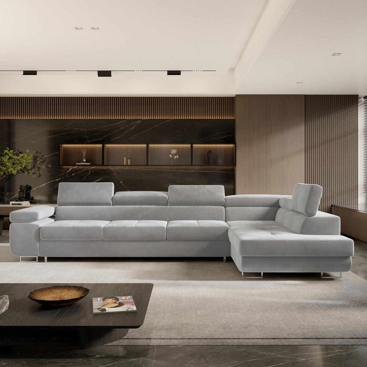 ECKSOFA VICENTE Hellgrau Velours-Stoff mit Schlaffunktion - Hellgrau, Holz (346/202cm) - MASSENO