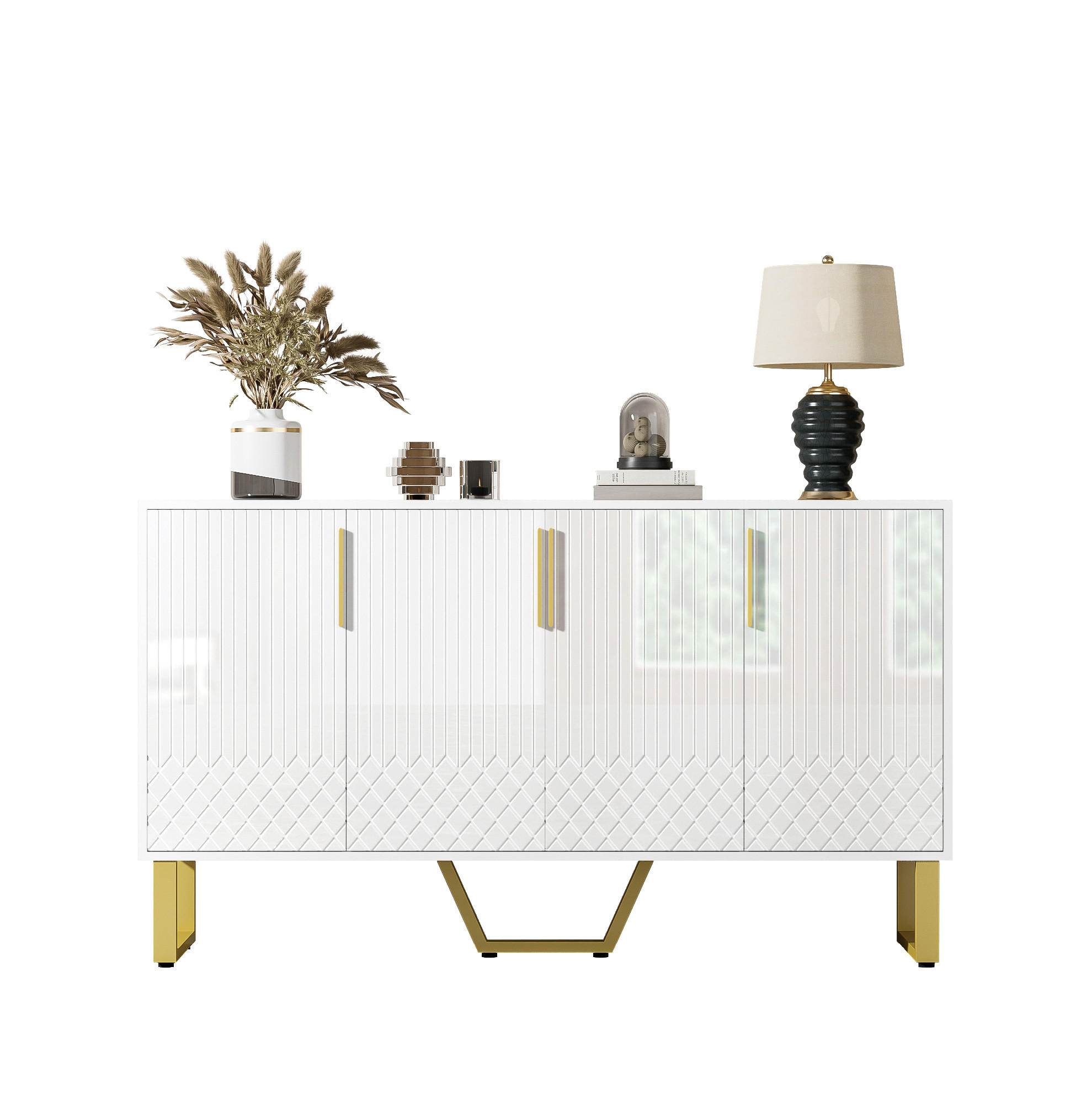SIDEBOARD 140/40/80 cm in Weiß Hochglanz mit 4 Türen & Metallbeinen - Weiß, Holzwerkstoff (140/80/40cm) - BEAOK