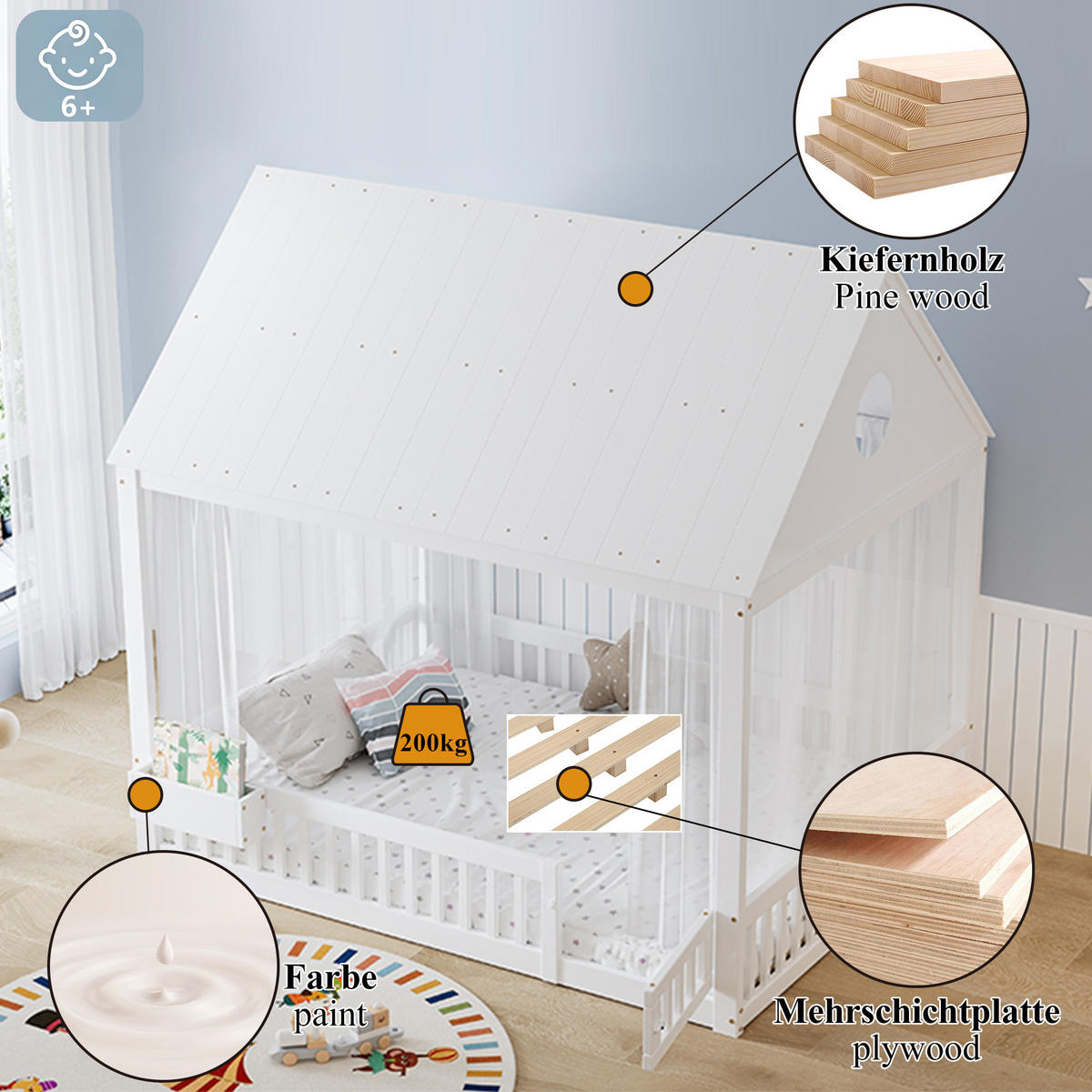 EINZELBETT mit Fenster- und Dachdetails, Weiß, 140/200 cm - Weiß, Holzwerkstoff (140/200cm) - MIVRAY
