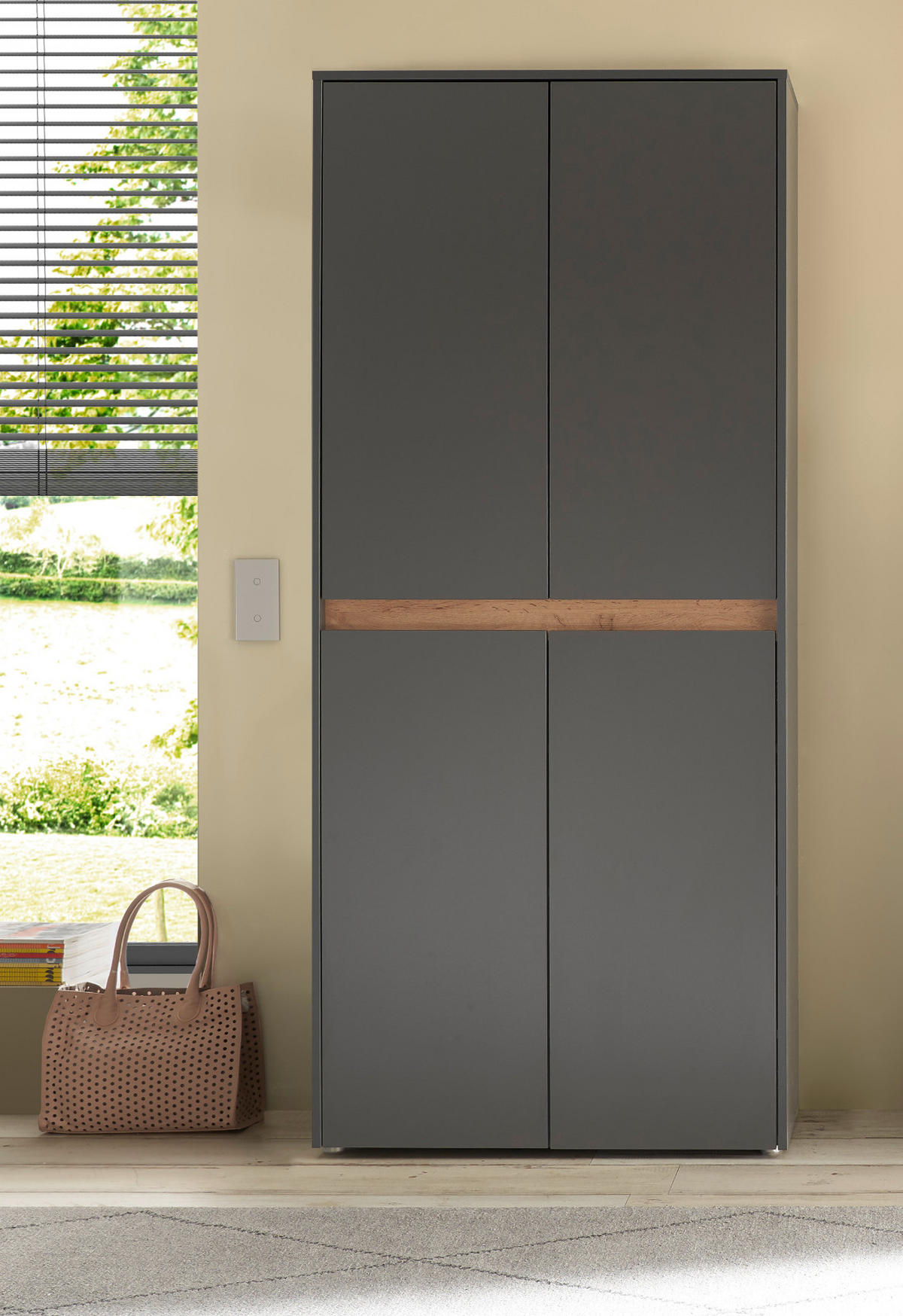 SCHUHSCHRANK grau matt, Eiche Wotan 85 x 195 cm, Flurschrank 4-türig - Eiche Wotan/Schwarz, Holzwerkstoff/Kunststoff (85/195/35cm) - Furn.Design