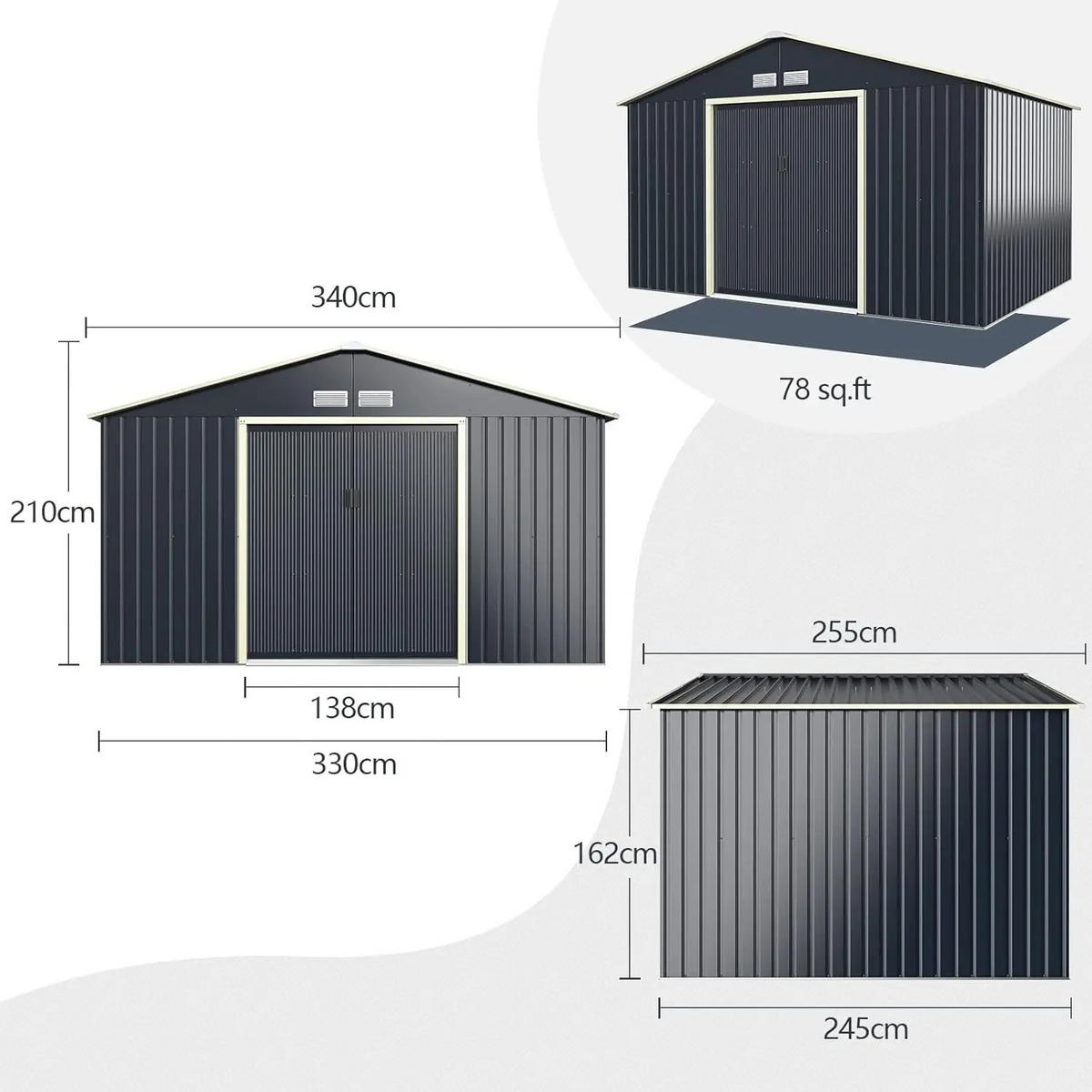 GARTENSCHUPPEN Metall, 340x255x210 cm, mit Lüftungsschlitzen - Schwarz, Metall (340/210/225cm) - Kaket