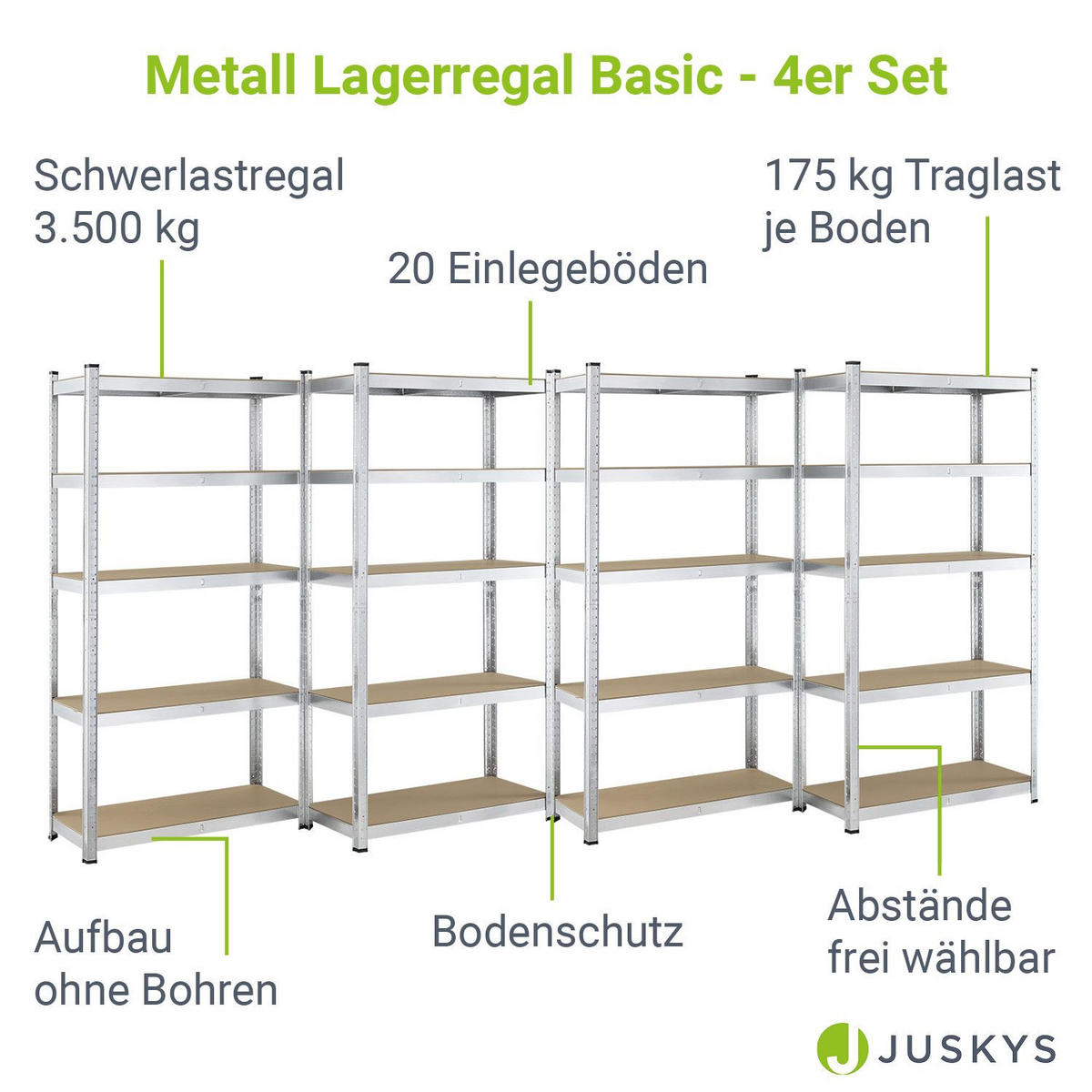 LAGERREGAL Basic 180x90x40 cm (4er-Set) - Silberfarben, Metall (90/180/40cm) - Juskys
