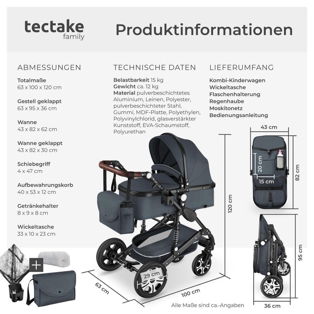 KOMBI-KINDERWAGEN Mats,für 0 bis 36 Monate geeignet, Belastbarkeit 15 kg,anthrazit - Anthrazit, Kunststoff (100/63/120cm) - tectake