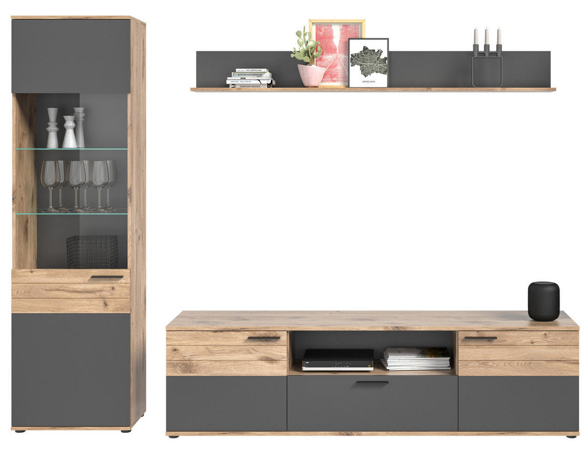 WOHNWAND Eiche, grau 3-teilig 266 cm, Schrankwand mit Soft-Close, Wohnzimmereinrichtung - Eichefarben/Schwarz, Holzwerkstoff/Kunststoff (266/200/47cm) - Inn.Furn