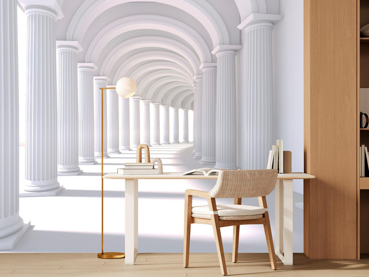 FOTOTAPETE für Wohnzimmer Räumlich Tunnel Historische Säulen 200x140 - Weiß/Grau, Papier (200/140cm) - Muralo