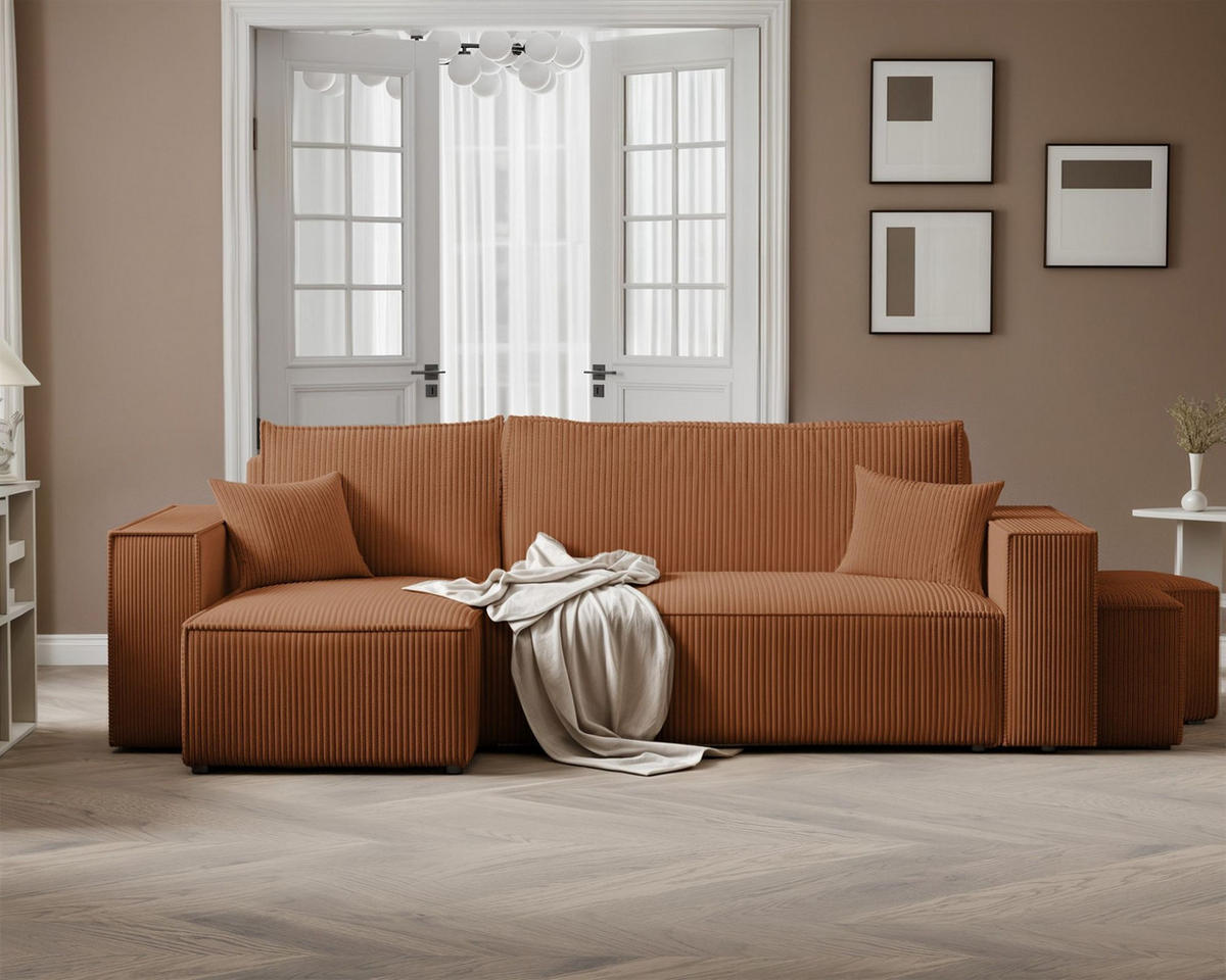 ECKSOFA Adara Inkl. Hocker - Hellbraun, Holzwerkstoff/Textil (262/145cm) - Fun Möbel