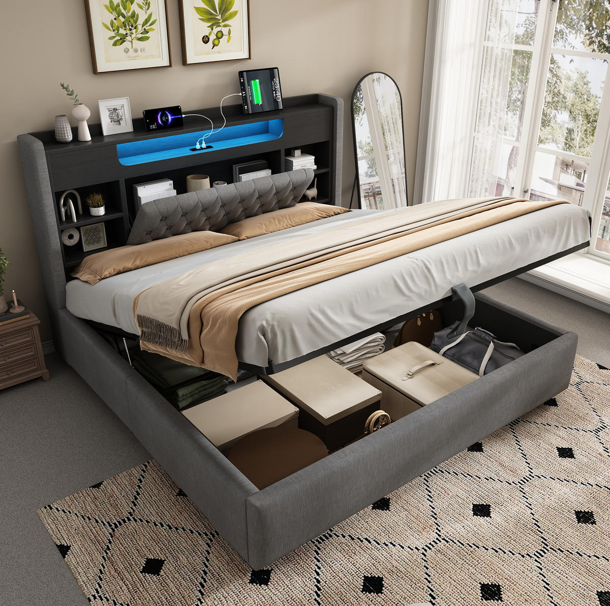POLSTERBETT 180/200 cm aus Leinen mit Bettkasten LED und USB-C-Ladefunktion Grau - Grau, Textil (180/200cm) - Modenvie