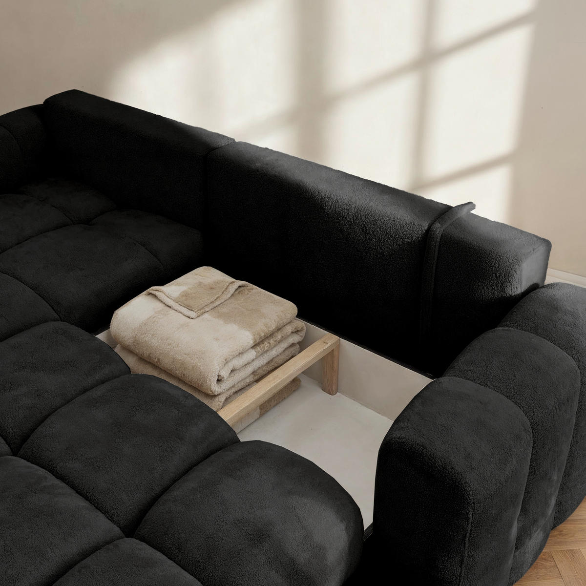 ECKSOFA CALM L Links mit Schlaffunktion 140x215 Webstoff schwarz - Schwarz, Holz/Kunststoff (261/151cm) - Muffo