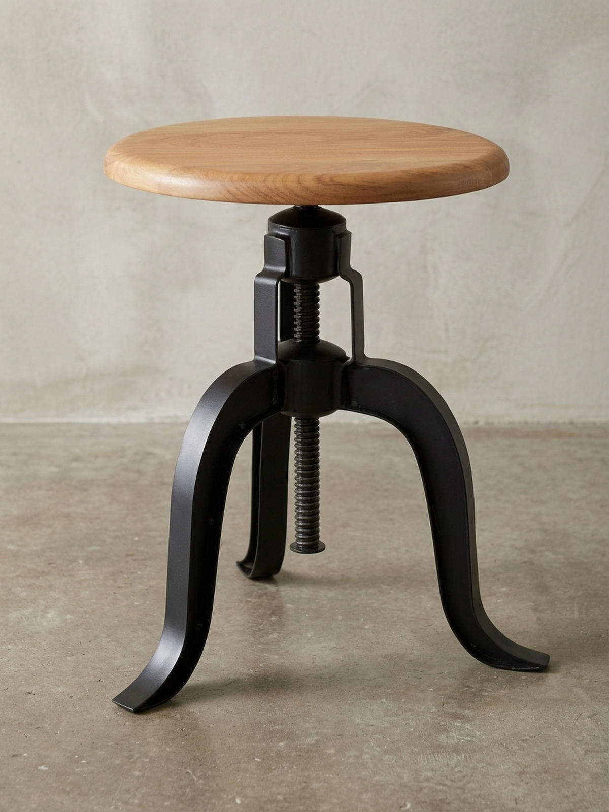 DREHHOCKER – Akazie Massivholz/Eisen, höhenverstellbar, Industrial-Stil - Schwarz/Braun, Holz/Metall (39/48/39cm) - KADIMA DESIGN