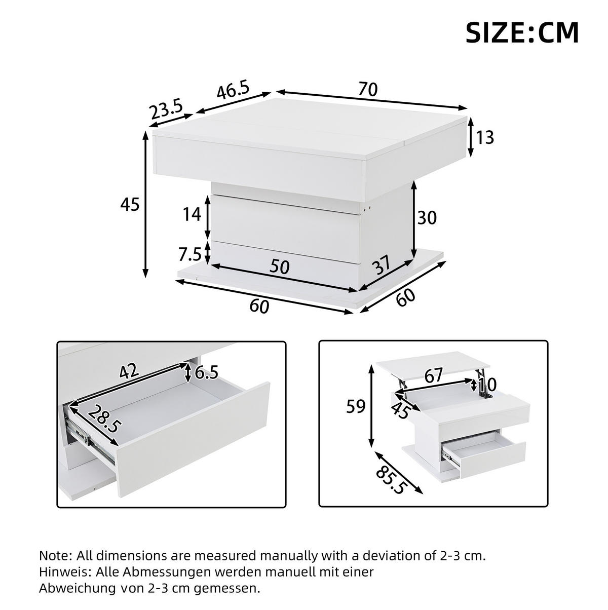 COUCHTISCH, hochglänzende Spanplatte, hebbar bis 59 cm & 360° drehbar, 70/70/45 cm, Weiß - Weiß, Holzwerkstoff (70/70/45cm) - Redom