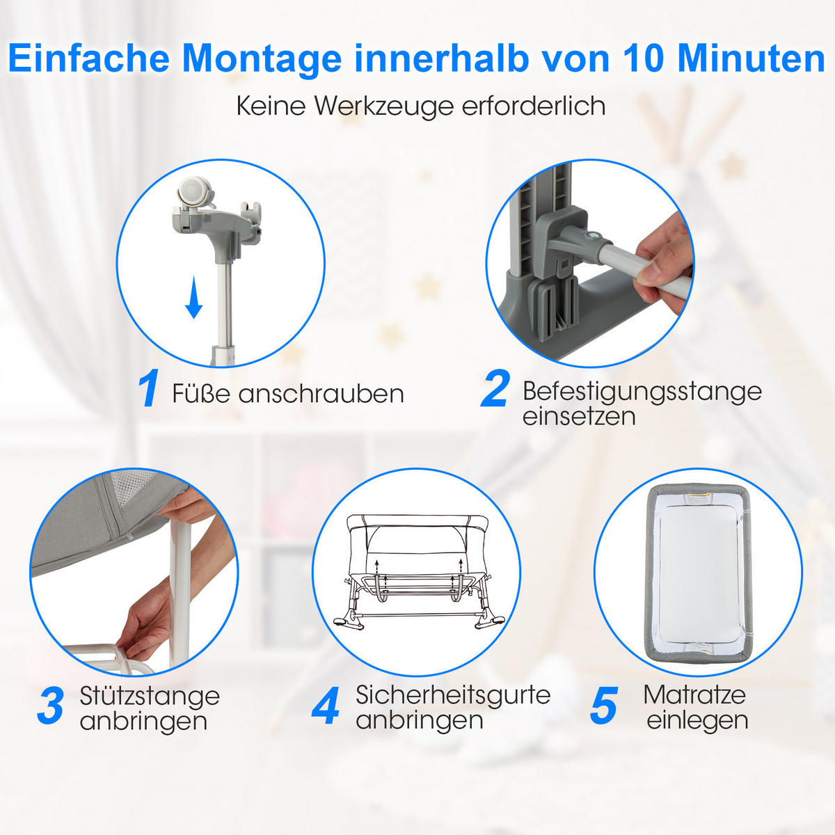 BEISTELLBETT Grau - Grau, Textil - COSTWAY