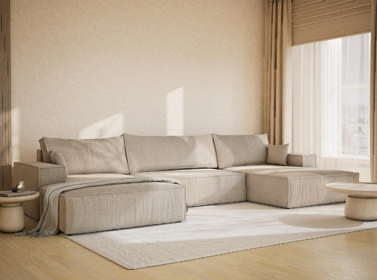WOHNLANDSCHAFT Kyoto Beige Webstoff - Beige/Schwarz, Holz/Holzwerkstoff (398/70/148cm) - Maison de Reve