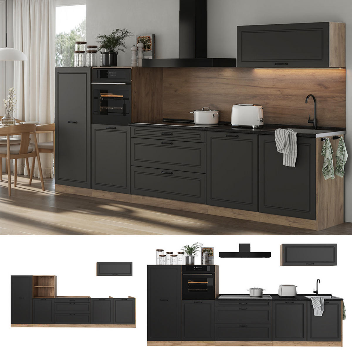 KUCHYNKA R-Line, Antracitový vidiecky dom/Dub Goldkraft, 340 cm antrasiitti työtaso - farba duba/antracitová, kompozitné drevo (340/143/60cm) - Vicco