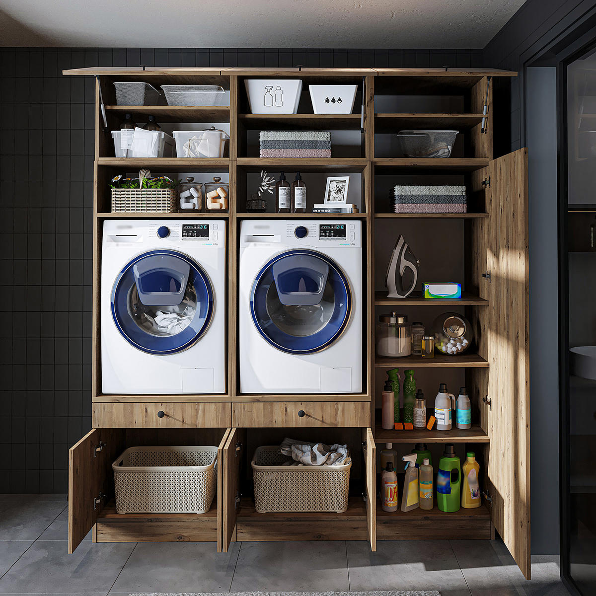 WASCHMASCHINENSCHRANK Serie 1 194cm Breit, 230cm Hoch - Eichefarben, Holzwerkstoff (194/230/67cm)