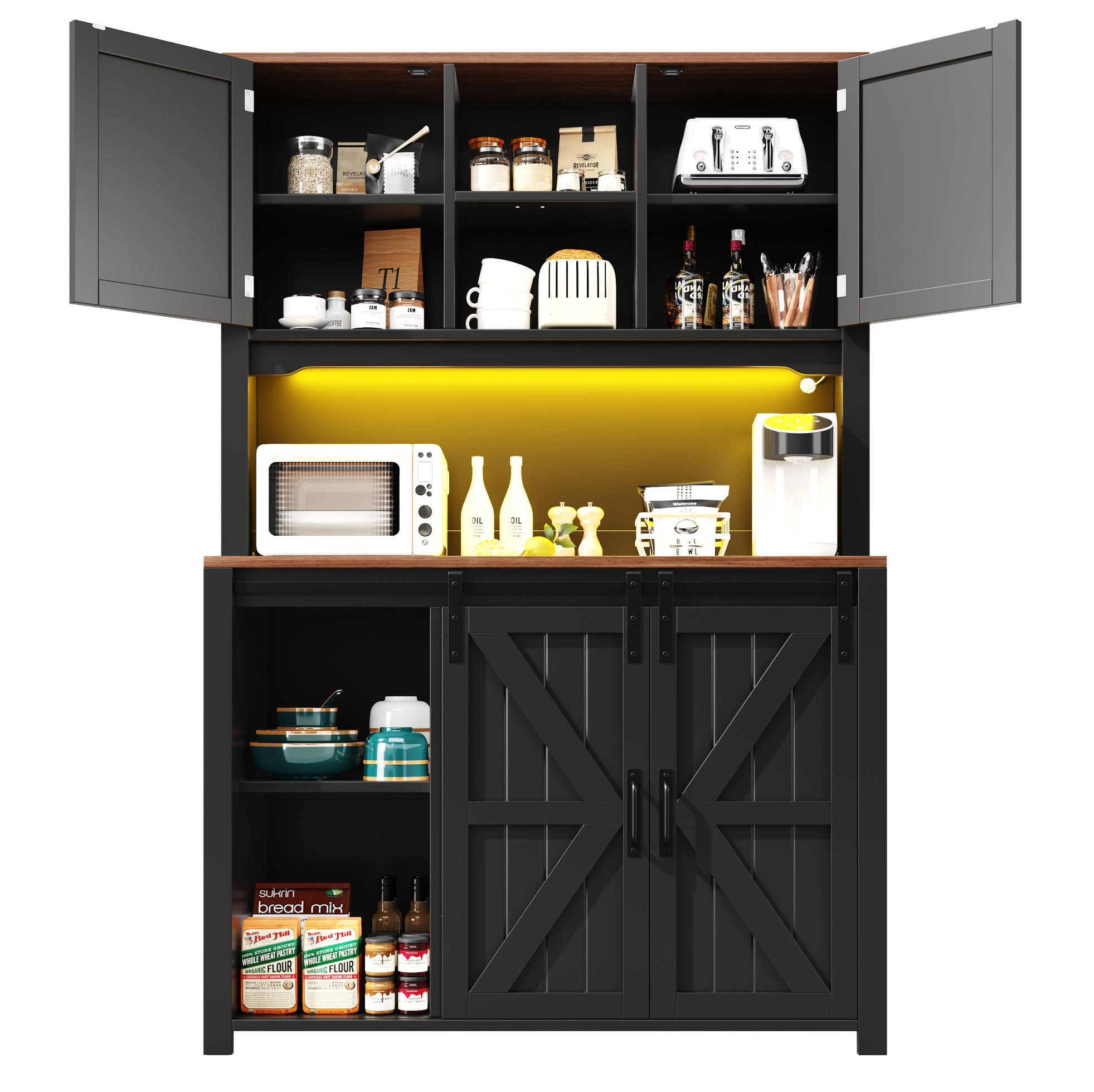 BUFFET 115/40/174,7 cm aus MDF und Metall mit LED-Beleuchtung Schwarz - Schwarz, Holzwerkstoff (115/174.7/40cm) - Modenvie