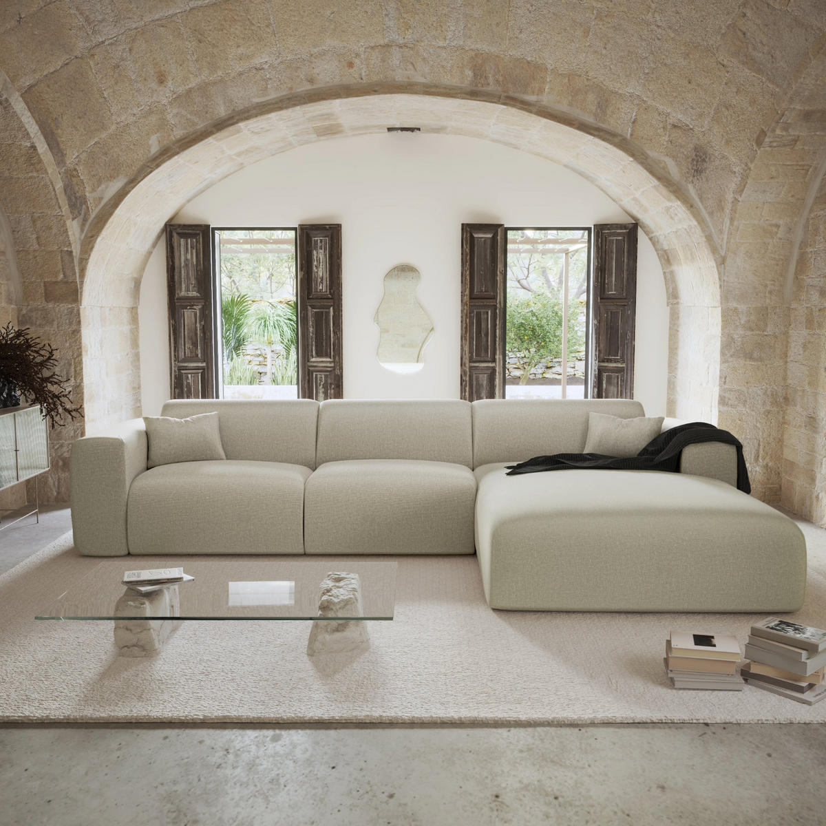ECKSOFA RECHTS SCHLAFSOFA Rastergewebe Beige 280cm - Beige, Textil (280/165cm) - Sia Home