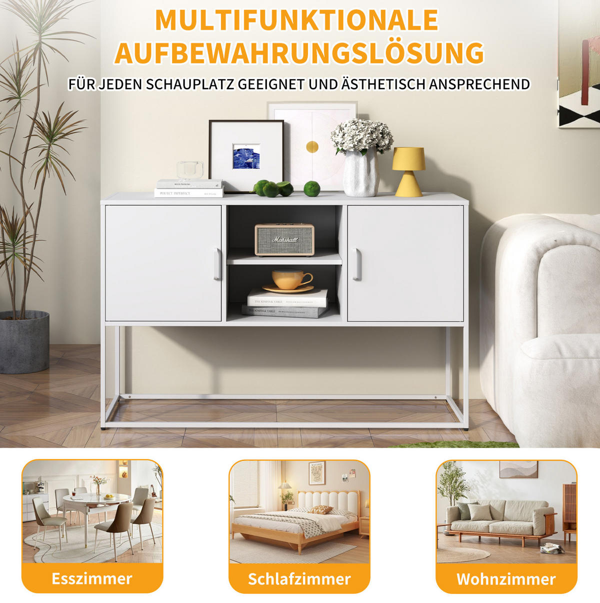 SIDEBOARD 120/40/75 cm in Weiß aus Metall mit 6 Fächern - Weiß, Metall (120/75/40cm) - BEAOK