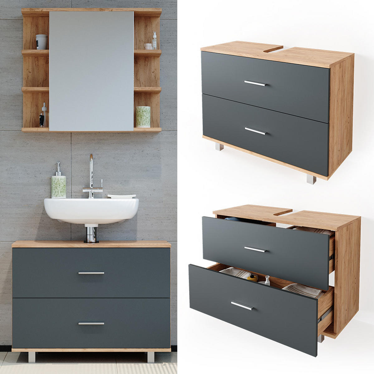 WASCHBECKENUNTERSCHRANK Ilias Anthrazit/Goldkraft Eiche 80 x 60.8 cm - Anthrazit/Eiche Wotan, Holzwerkstoff (80/60.8/33cm) - Vicco