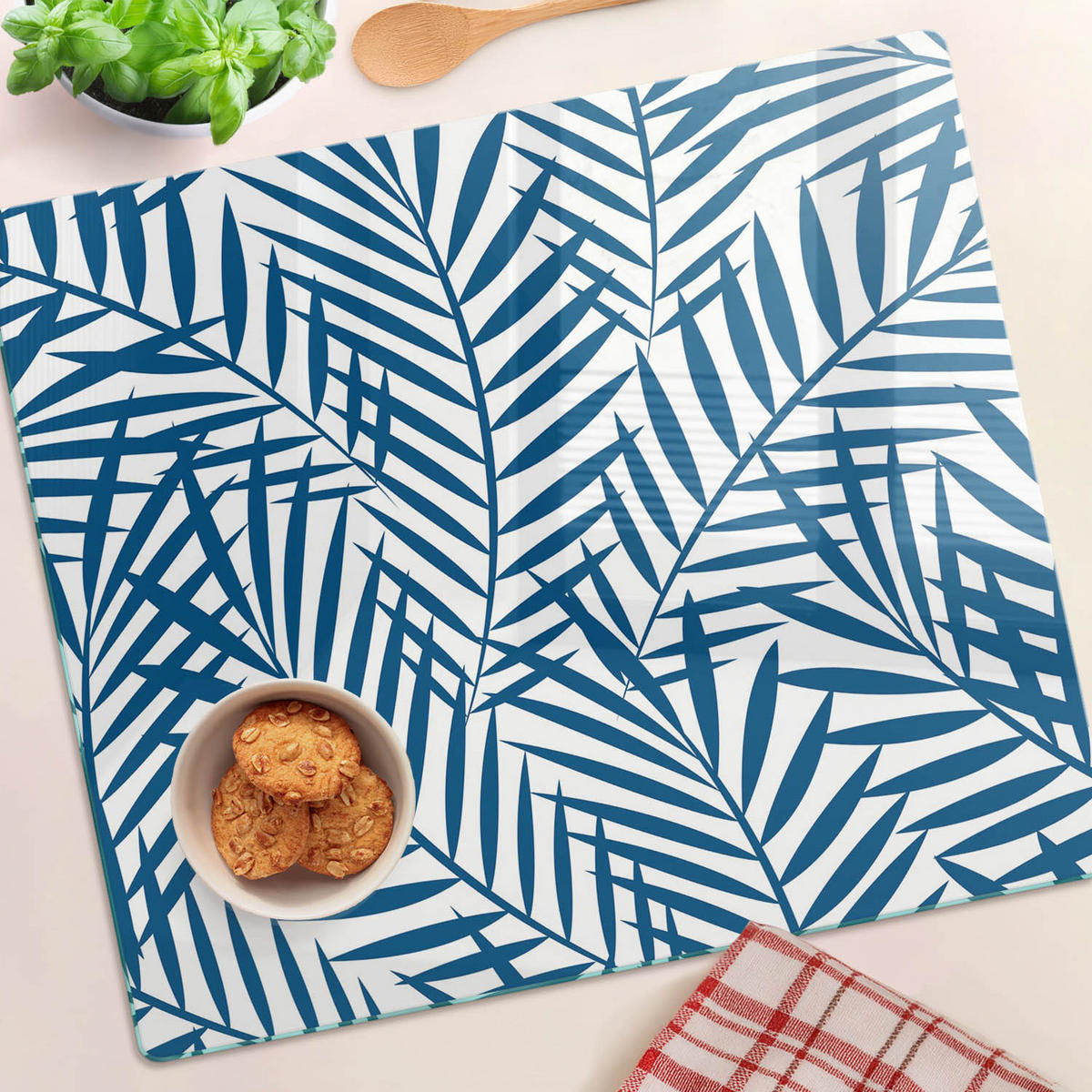 GLASPLATTE 60x52 cm Palmblätter - Blau, Glas (60/0.4/52cm) - TULUP
