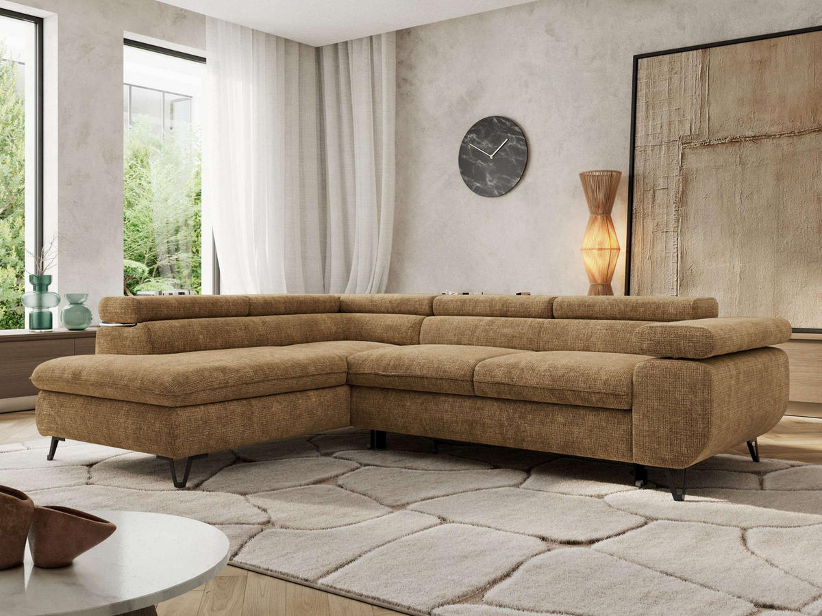 ECKSOFA PABLO L Hellbraun Schenille grob gewebt - Links Seite mit Visco Topper - Hellbraun/Schwarz, Textil/Metall (208/273cm) - MKS