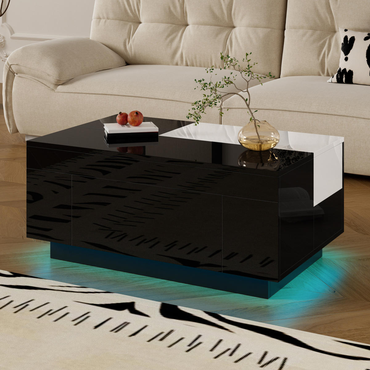 COUCHTISCH 80/50/35.5 cm schwarz-weiß aus MDF mit LED-Beleuchtung und Stauraum - Schwarz, Holzwerkstoff (80/50/35.5cm) - OKMYHOME