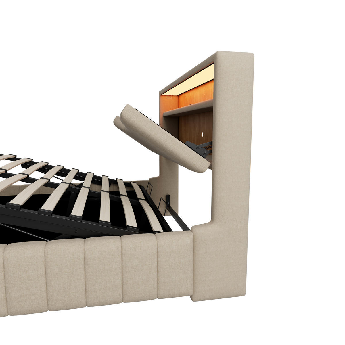 STAURAUMBETT 140/200 cm mit Hydraulik und LED, DE-41942, in Beige - Beige, Metall (140/200cm) - ComfortXL