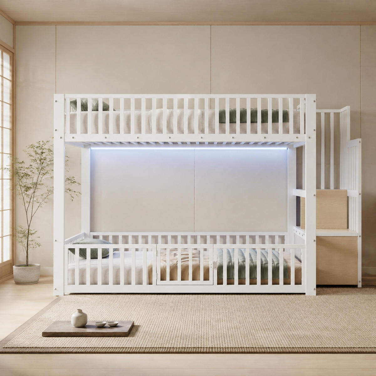 ETAGENBETT 140/200 mit LED, Stauraumleiter und Schutzgittern in Weiß - Weiß, Holzwerkstoff/Metall (140/200cm) - EVRYAE