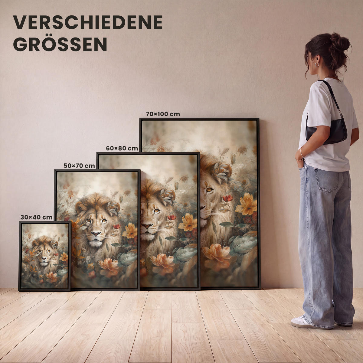 LEINWAND Bilder mit Rahmen - Löwe - Wildtiere - Pflanzen - Natur - Blumen - 50x70 - Beige, Textil (50/70cm) - MuchoWow