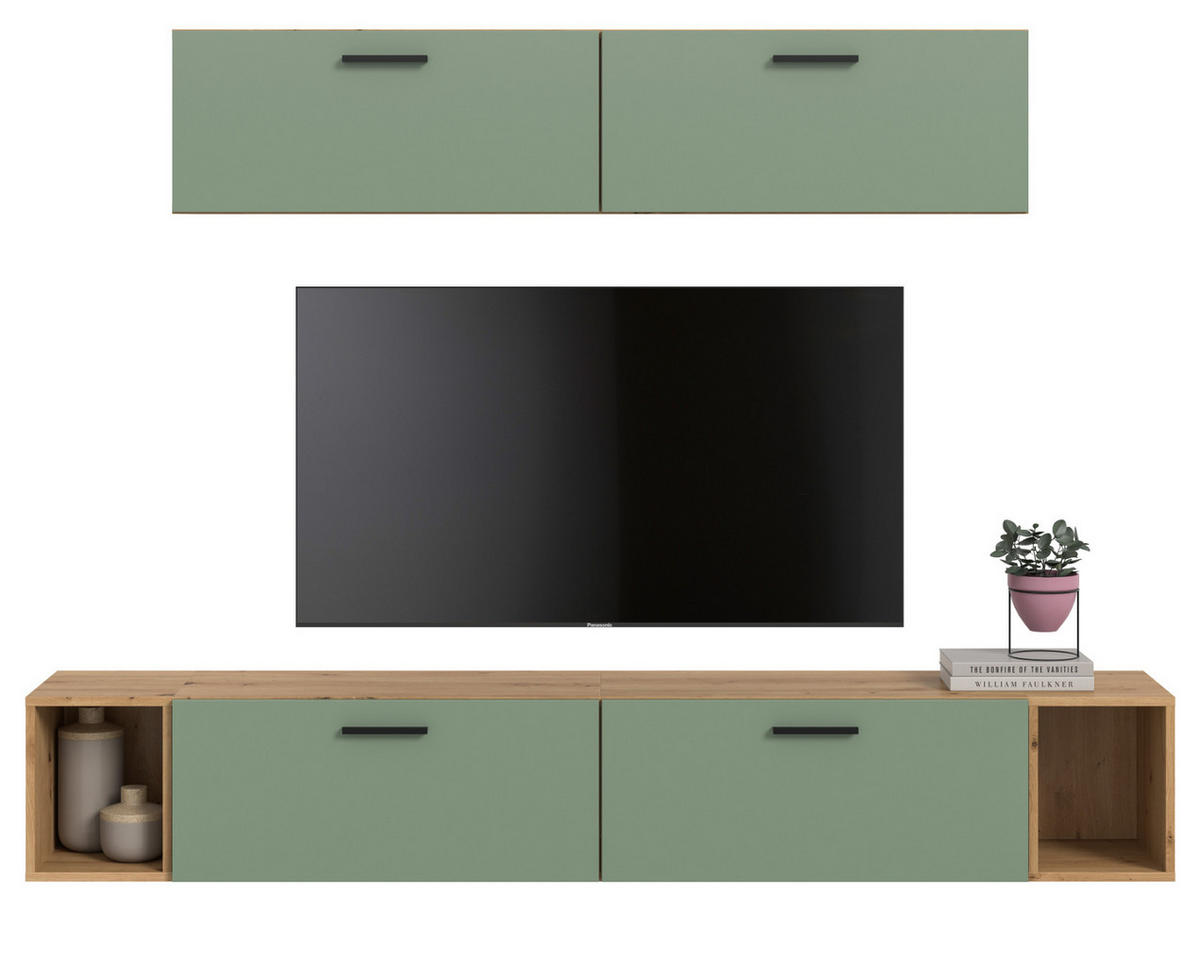 WOHNWAND grün, Eiche Artisan 202 cm, Schrankwand mit Soft-Close - Schwarz/Eiche Artisan, Holzwerkstoff/Kunststoff (202/184/34cm) - Inn.Furn