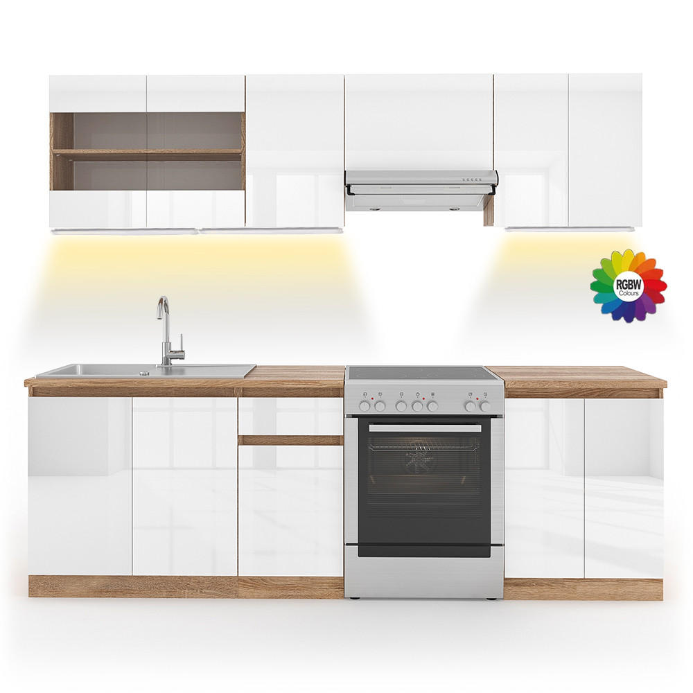 KÜCHENZEILE Raul Weiß 240 cm, AP Sonoma mit LED-Leisten - Weiß Hochglanz/Eiche Wotan, Holzwerkstoff (240/81.6/60cm) - Vicco