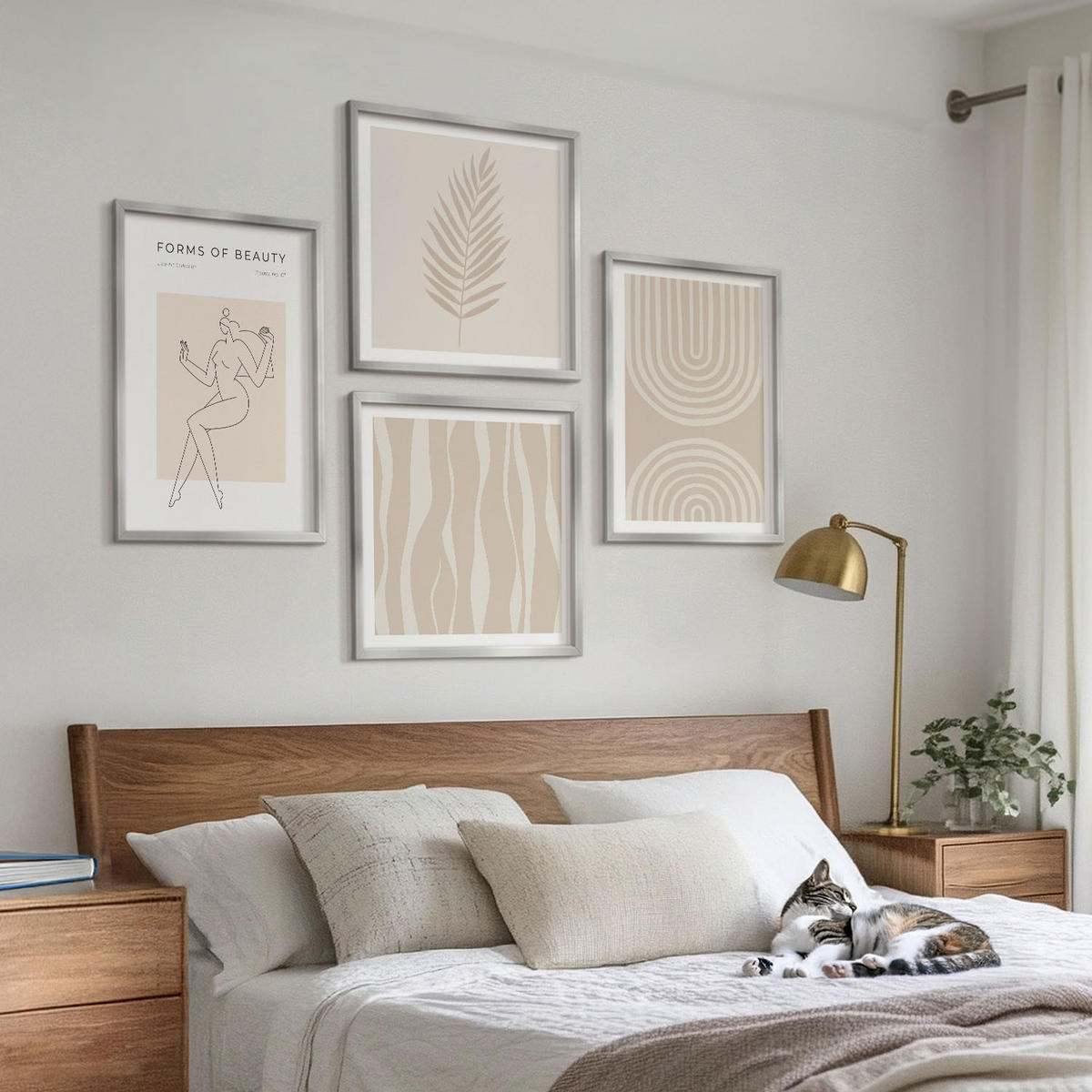 WANDBILDER 4er Set - 50x50 cm & 40x60 cm Silberner Rahmen - Abstrakte Boho-Dekorationen - Silberfarben, Kunststoff (50/50cm) - ArtPrintCave